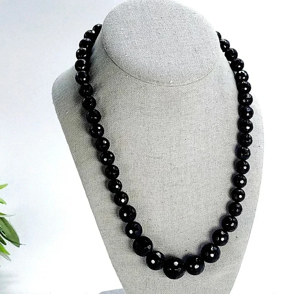 Vintage Black Glass Bead Necklace Faceted Sparkle 18